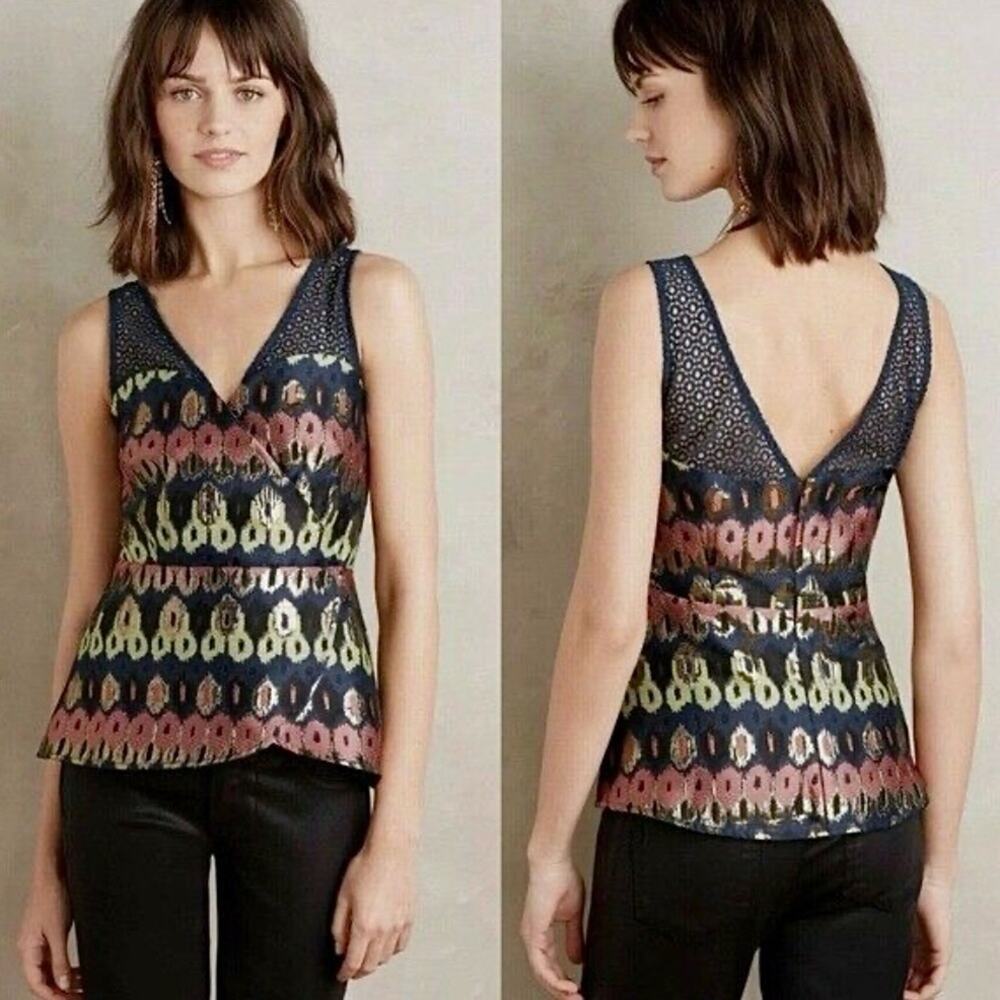 HD in Paris “Yana” Peplum Sleeveless Top, Multicolor and Metallic Bronze, Size 6